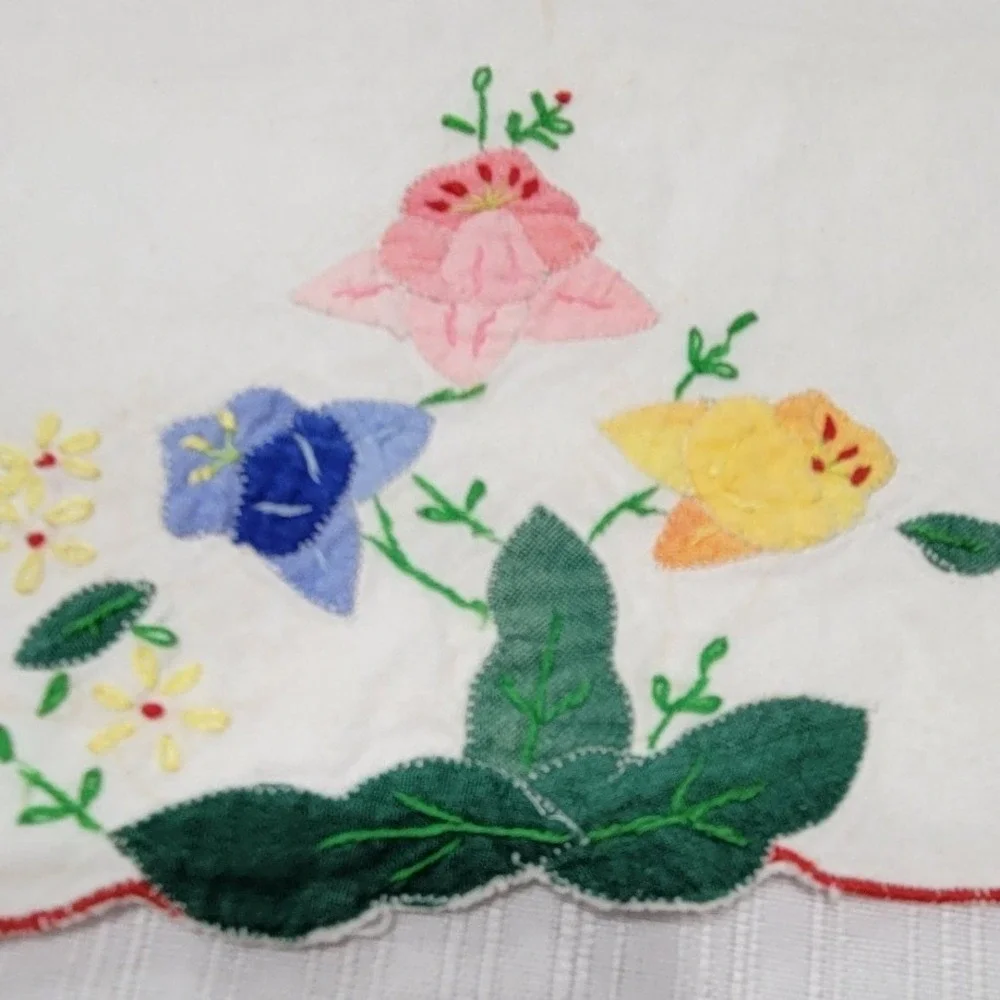 2 Vintage Hand Embroidered Floral Applique Scallop Edge Cotton Dish towels